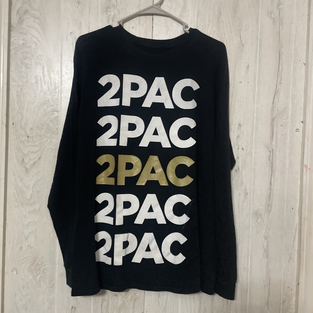 Tupac Shakur 2Pac T-Shirt Men's Large Long Sleeve Spellout Black Gold Glitter